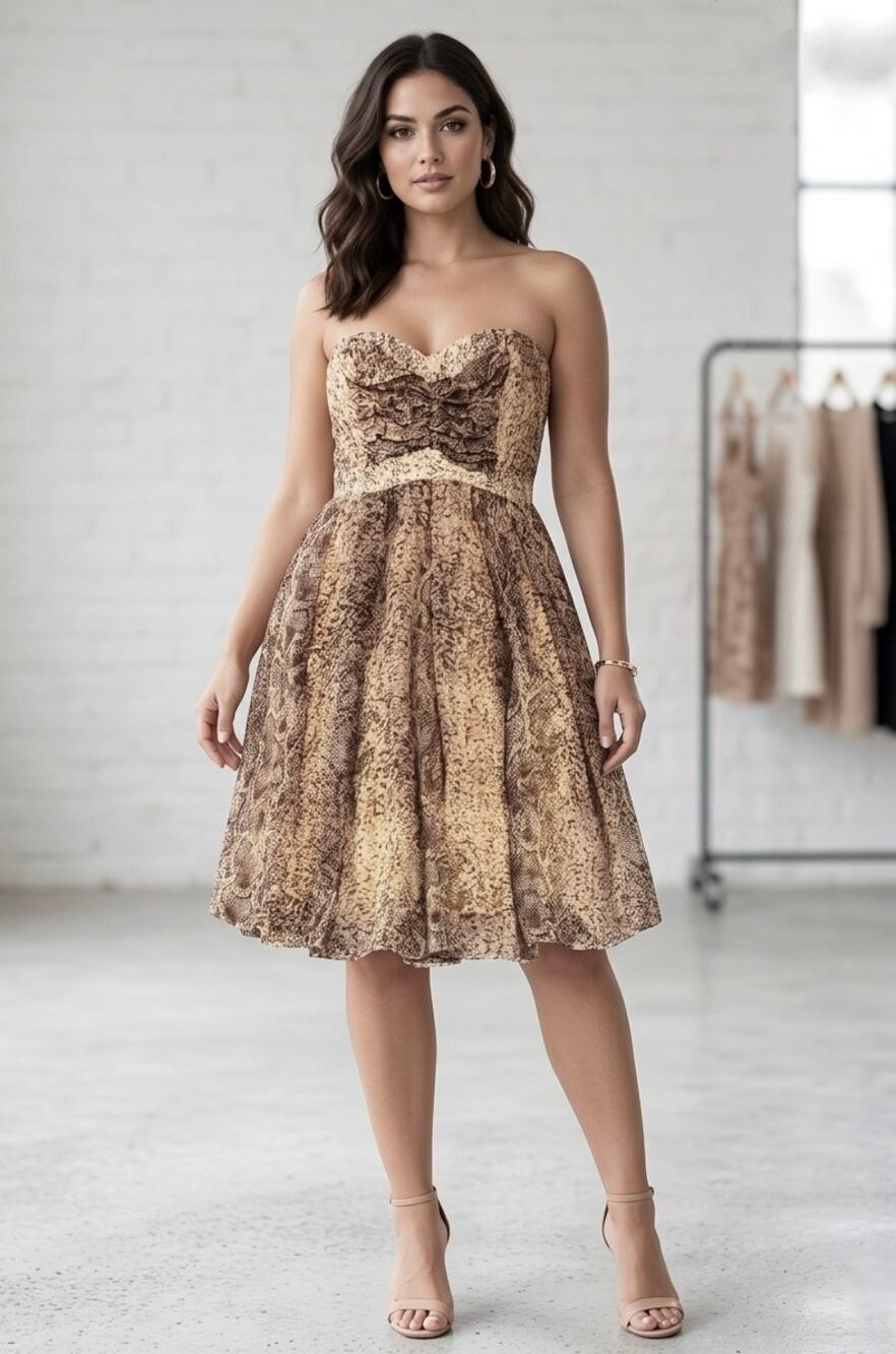 Strapless Snakeskin Print Chiffon Ruched Dress Fit & Flare w/Sweetheart Neckline